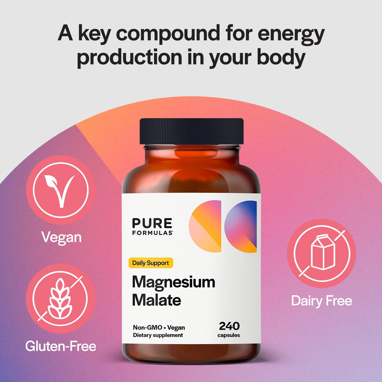 PureFormulas magnesium malate bottle close-up showing 360 mg chelated formula.