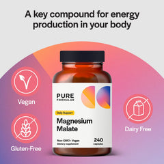 PureFormulas magnesium malate bottle close-up showing 360 mg chelated formula.