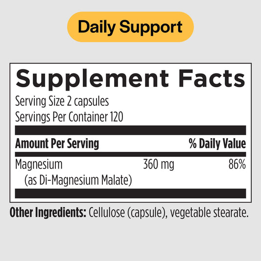 PureFormulas magnesium malate capsules package emphasizes bone and muscle health support.