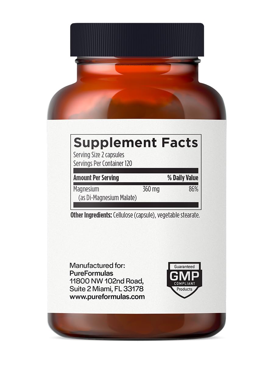 PureFormulas magnesium malate capsules image illustrates US-made GMP quality.