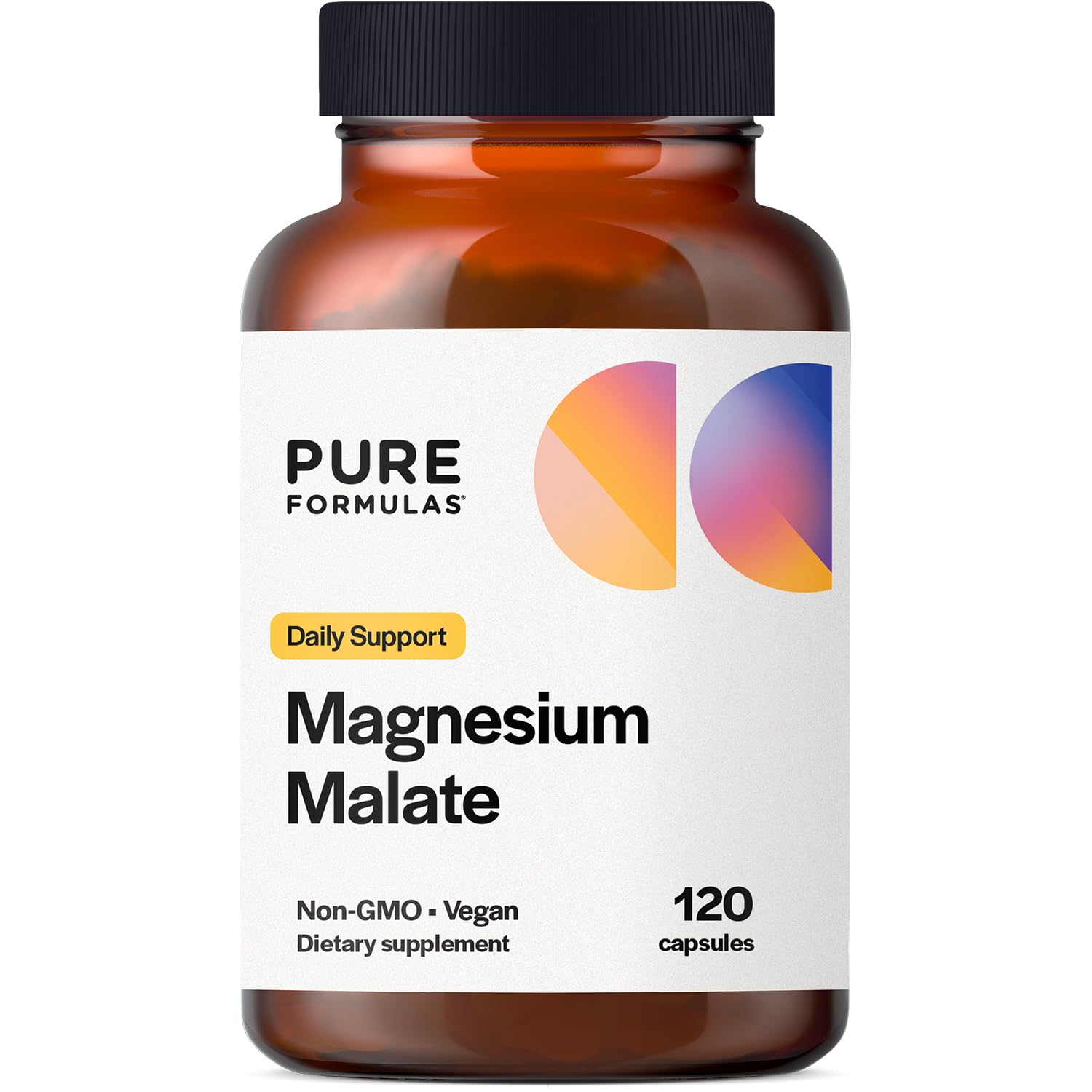 PureFormulas magnesium malate capsules bottle on a clean surface for daily energy support.