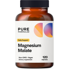 PureFormulas magnesium malate capsules bottle on a clean surface for daily energy support.