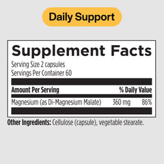 Close-up of PureFormulas magnesium malate capsules pouring from the bottle into a hand.