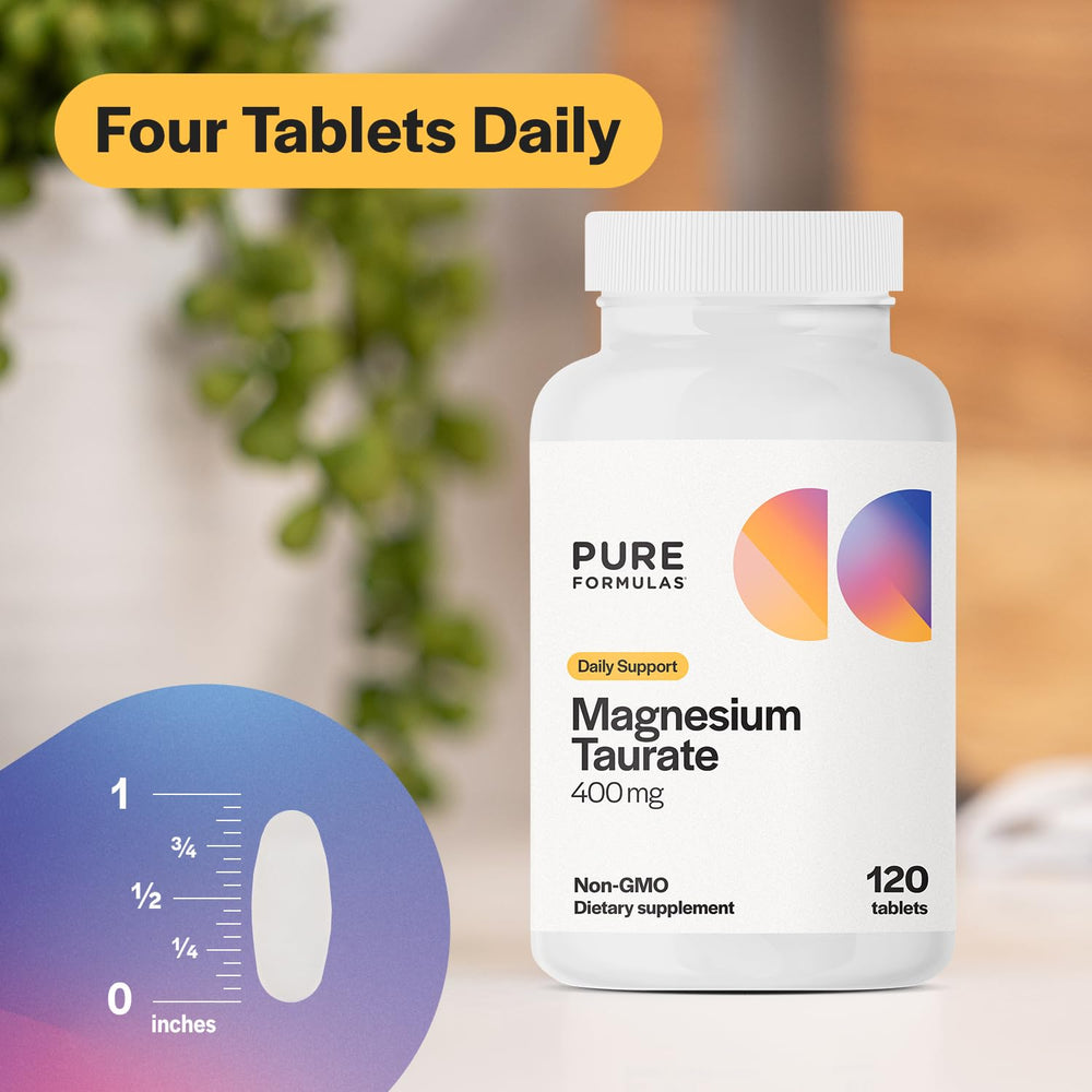 PureFormulas Magnesium Taurate 400mg bottle pour demonstrating convenient daily use.