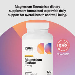 PureFormulas Magnesium Taurate 400mg tablets shown for easy daily supplementation.