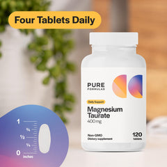 PureFormulas Magnesium Taurate capsules closeup emphasizing bioavailable taurate for daily use.