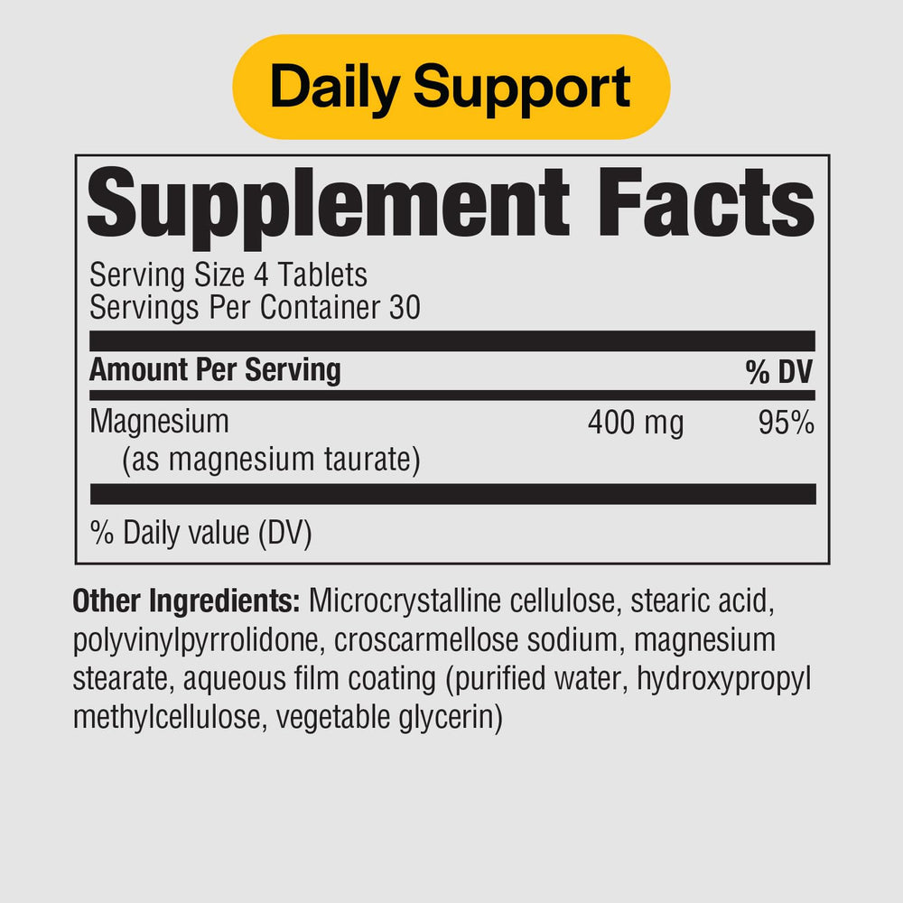PureFormulas Magnesium Taurate tablets front highlighting easy daily intake for muscle function.