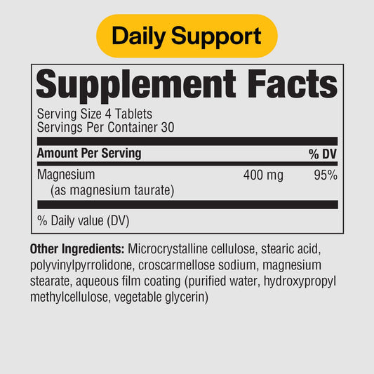 PureFormulas Magnesium Taurate tablets front highlighting easy daily intake for muscle function.
