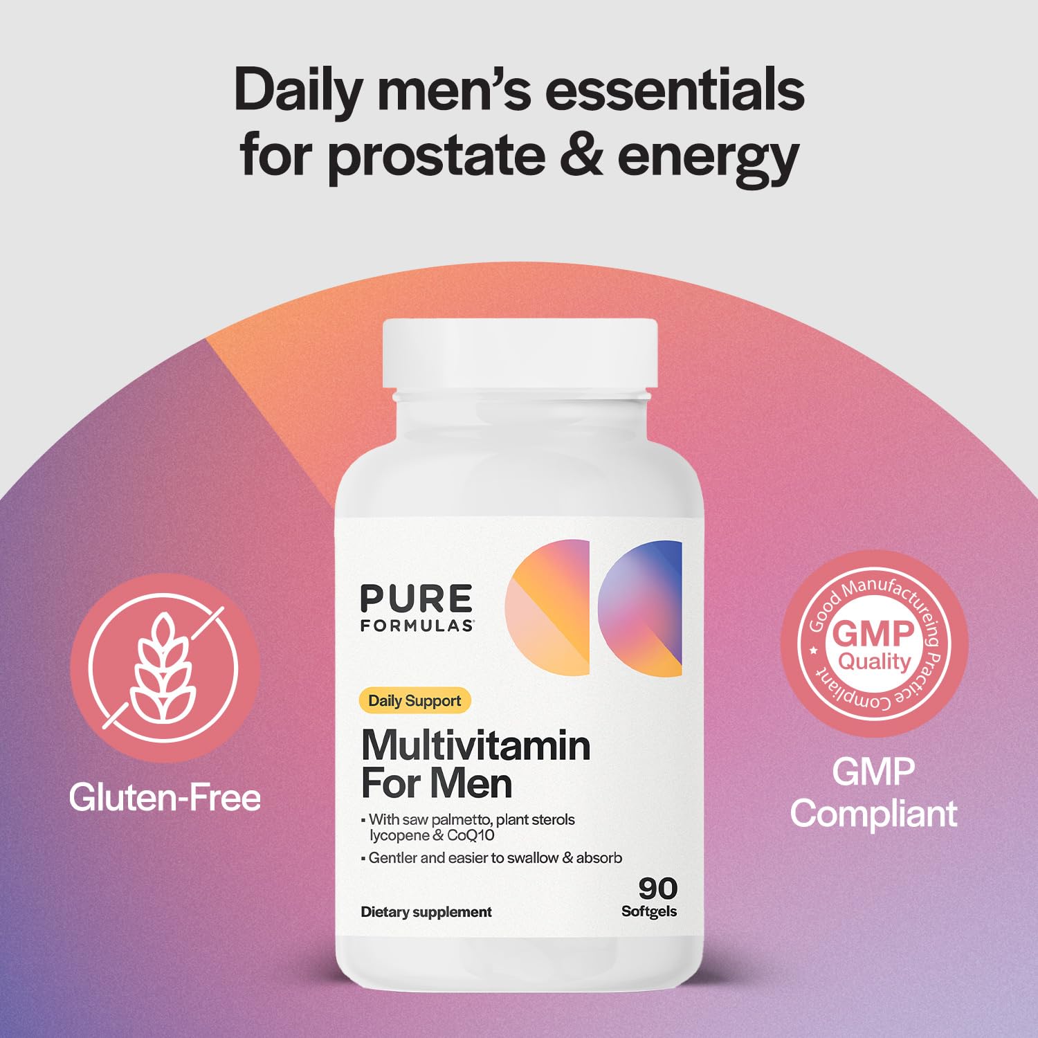 PureFormulas Multivitamin for Men bottle back label, daily nutrient support notes.