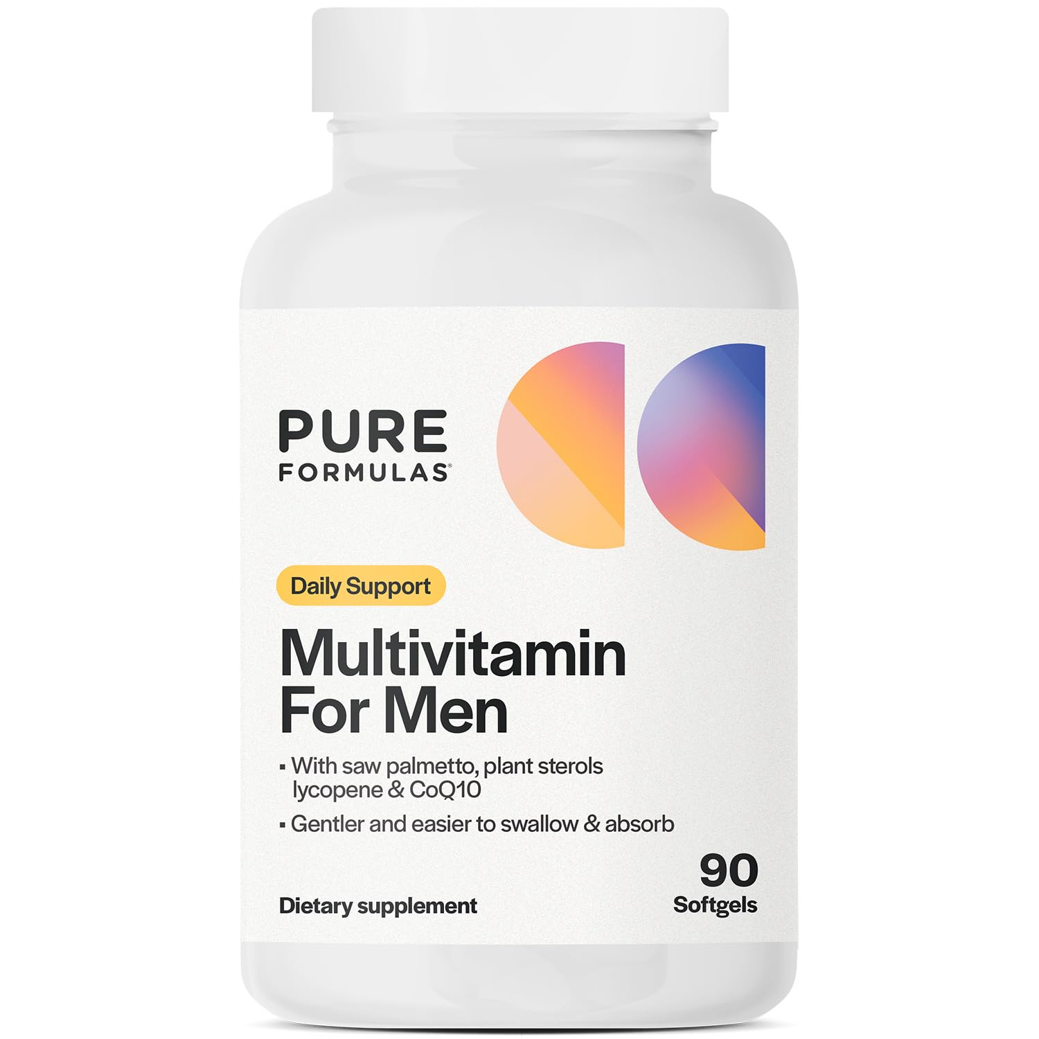 PureFormulas Multivitamin for Men bottle front, 90 softgels for daily wellness.