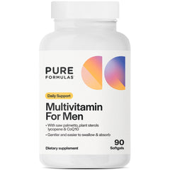 PureFormulas Multivitamin for Men bottle front, 90 softgels for daily wellness.