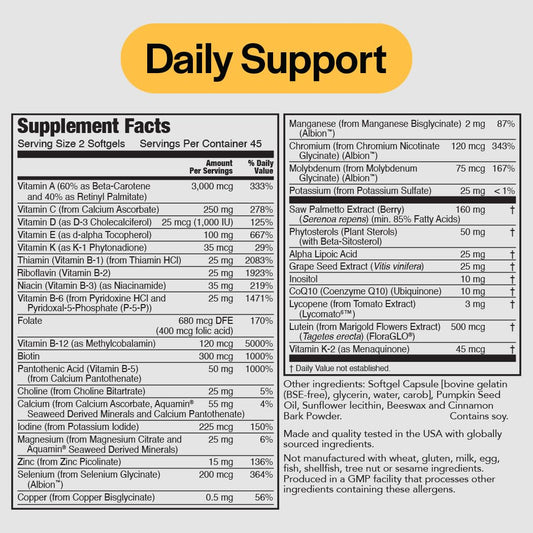 PureFormulas Multivitamin for Men capsules closeup, convenient softgel form for daily use.