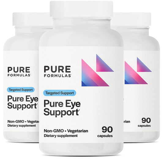 PureFormulas Pure Eye Support bottle with label highlighting lutein and zeaxanthin for eye care