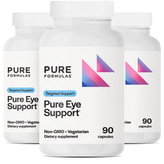 PureFormulas Pure Eye Support bottle with label highlighting lutein and zeaxanthin for eye care