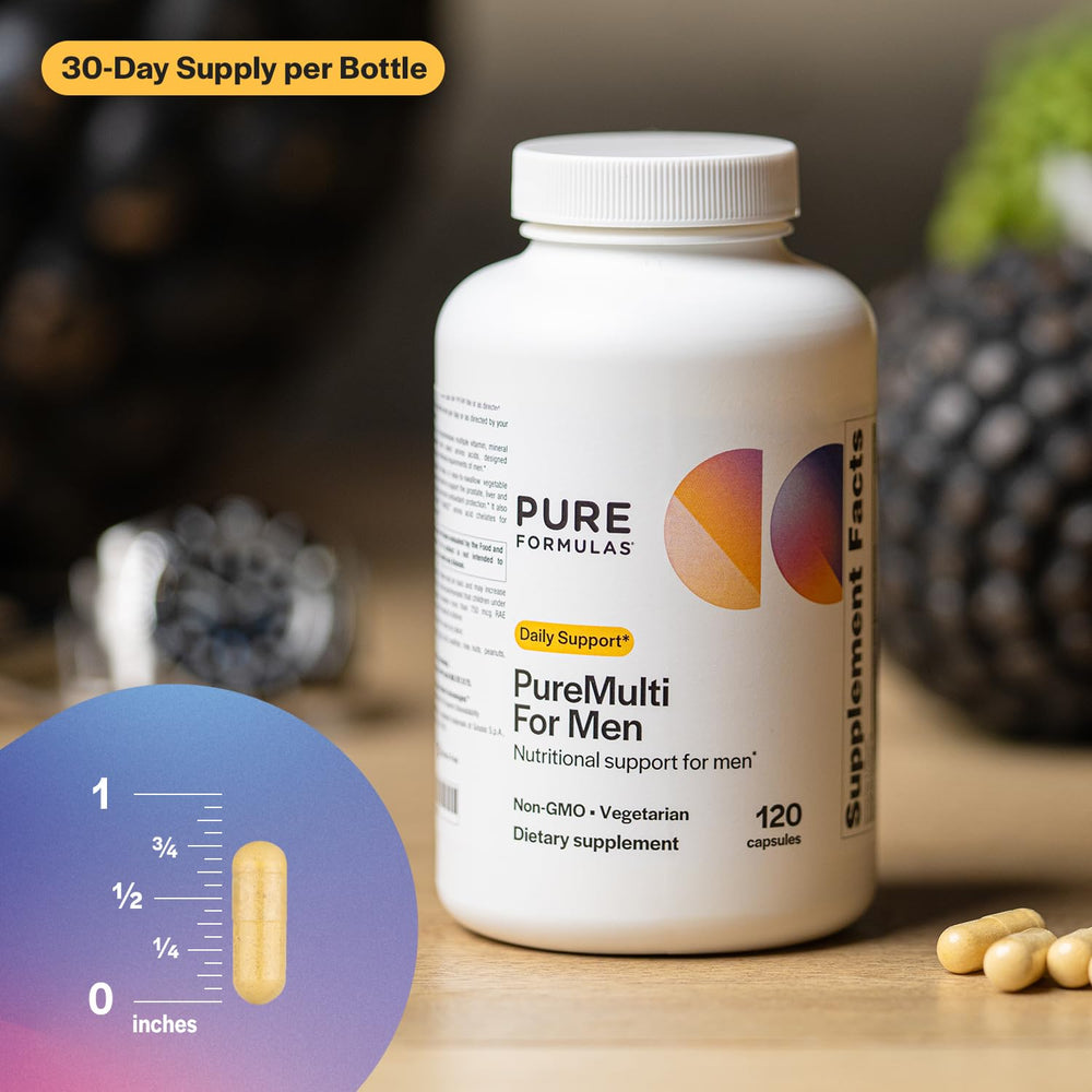PureFormulas PureMulti for Men ingredients panel highlights essential nutrients and botanicals.