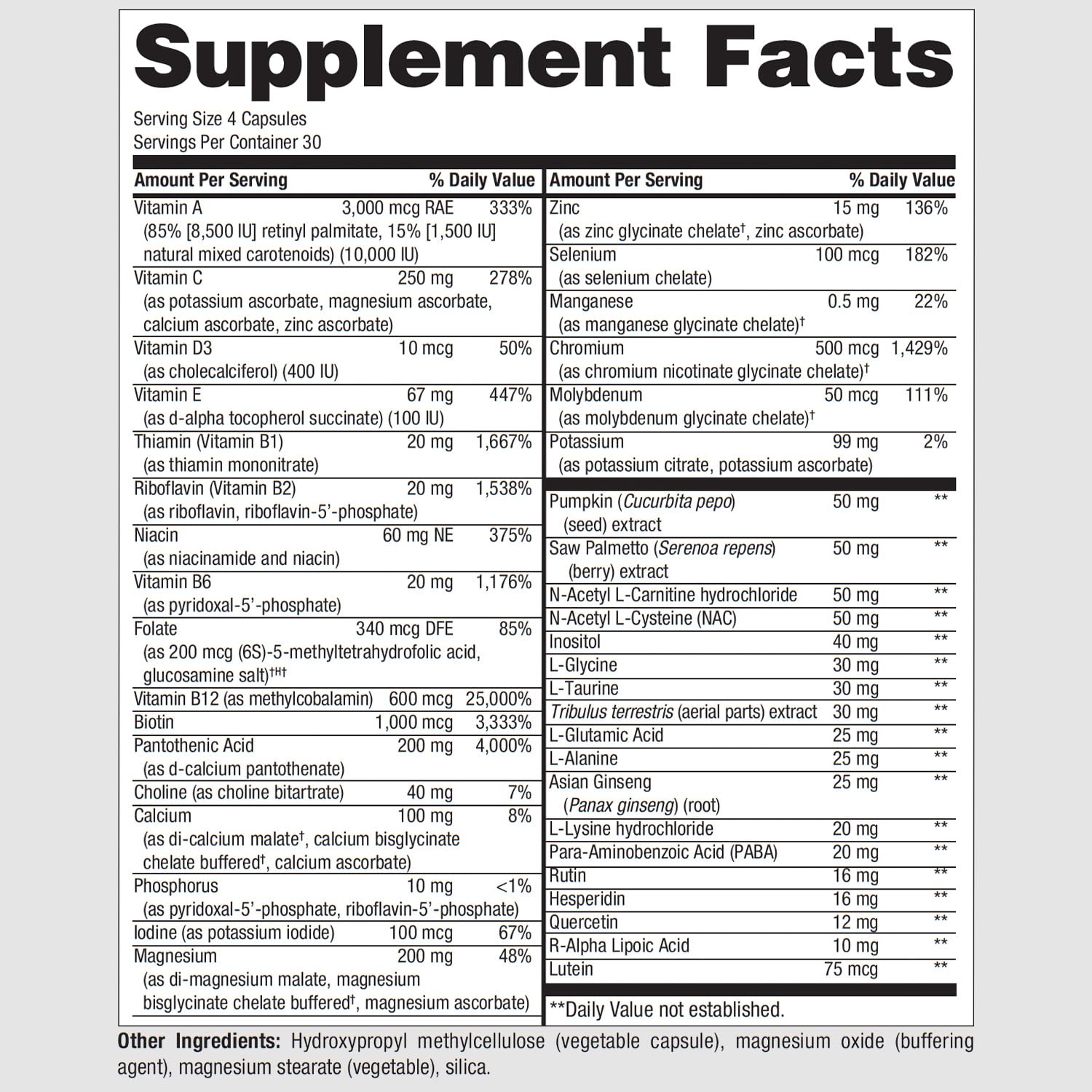 PureFormulas PureMulti for Men label detailing vitamins and minerals for daily wellness.