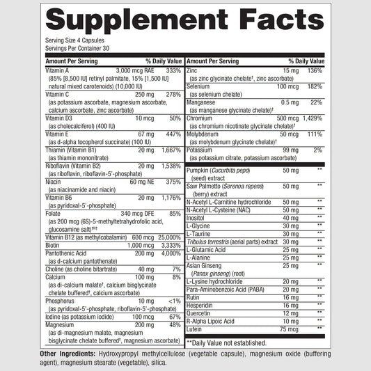 PureFormulas PureMulti for Men label detailing vitamins and minerals for daily wellness.