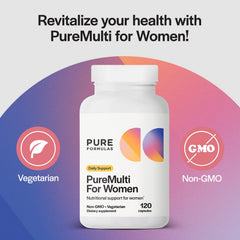 PureFormulas PureMulti ingredients highlight vitamins minerals and herbal blends for wellness.