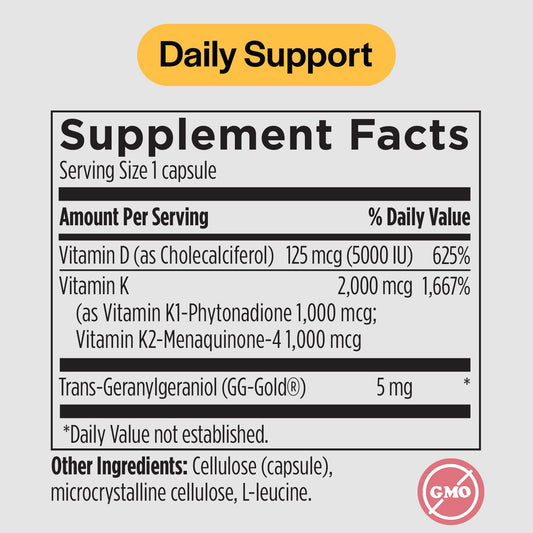 PureFormulas Vitamin D3 K2 5000 IU capsules top view suggests easy daily use.