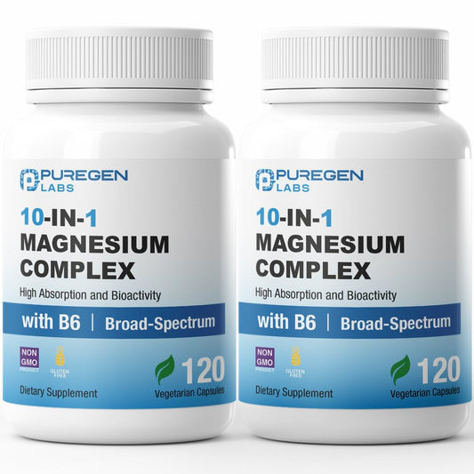 Puregen Labs 10in1 Magnesium Complex bottle showing high-potency capsules for daily wellness.