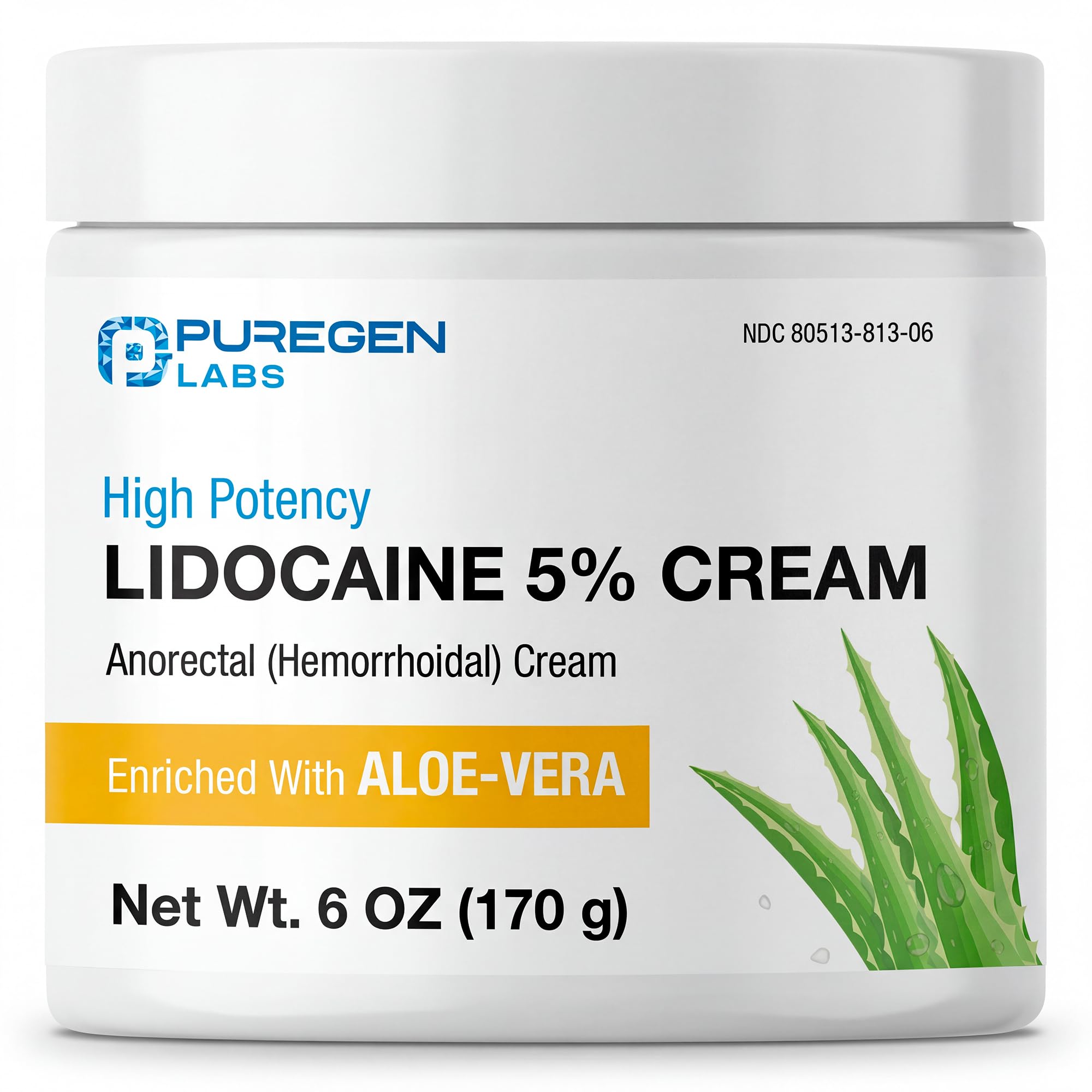 Puregen Labs 5% lidocaine cream bottle offers fast numbing for temporary relief.