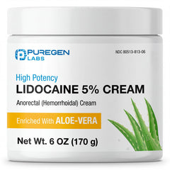 Puregen Labs 5% lidocaine cream bottle offers fast numbing for temporary relief.