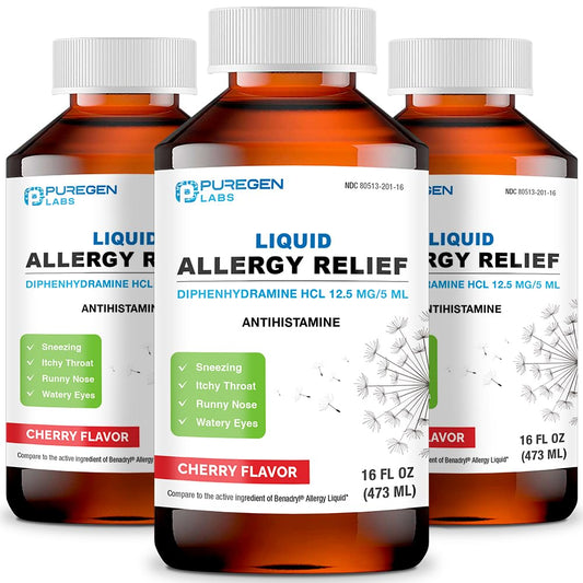 Puregen Labs Allergy Relief bottle for on-the-go symptom support.