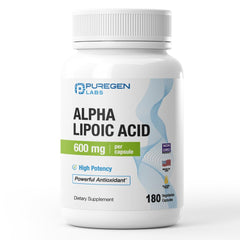 Puregen Labs Alpha Lipoic Acid 600mg bottle label highlighting high potency