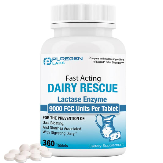 Puregen Labs Dairy Rescue bottle front with lactase strength for dairy digestion.