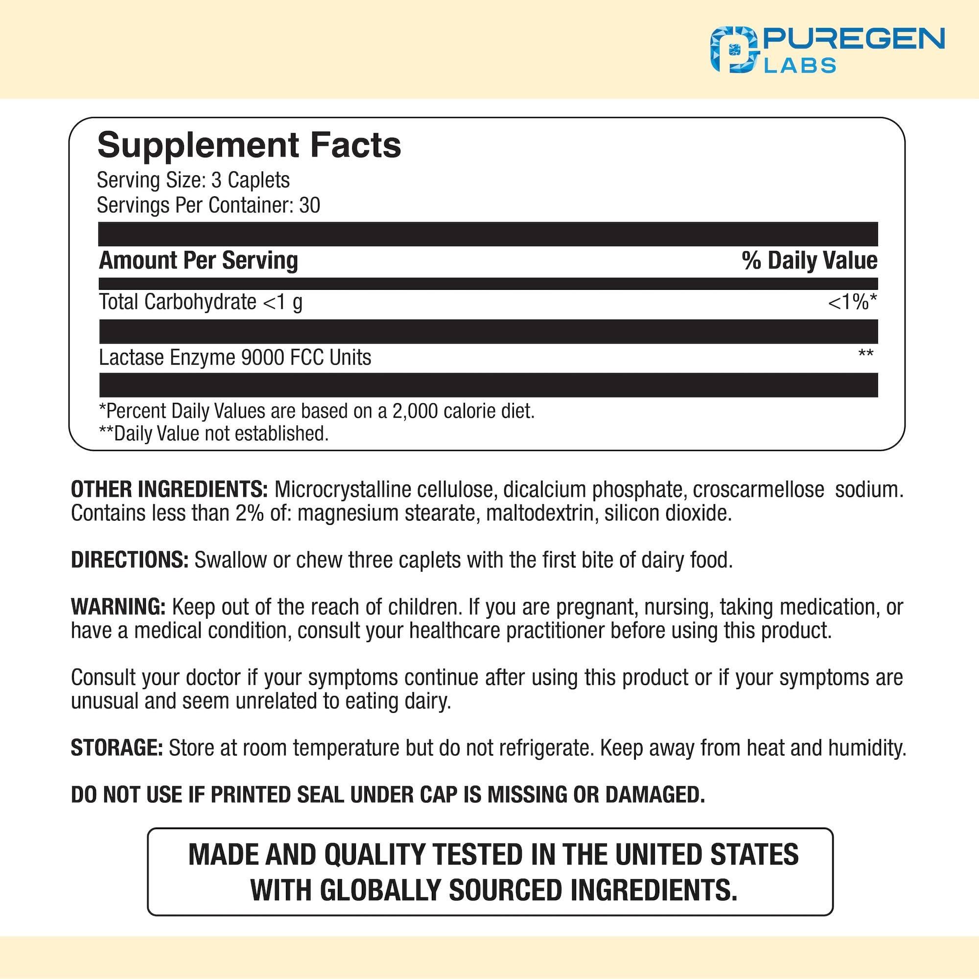 Puregen Labs Dairy Rescue caplets close-up highlighting fast-acting enzyme for lactose tolerance.