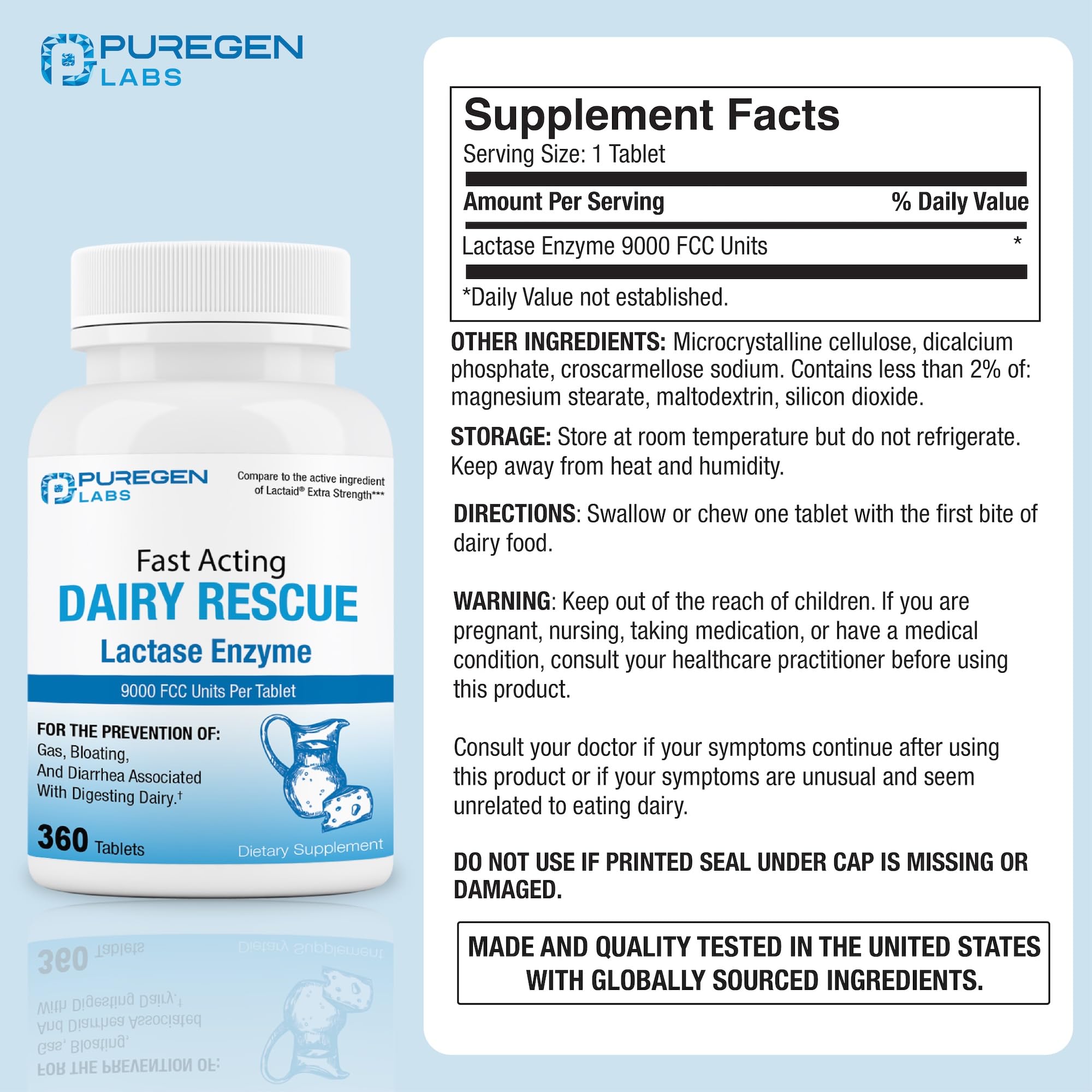 Puregen Labs Dairy Rescue tablets close-up highlighting maximum strength lactase for dairy digestion.