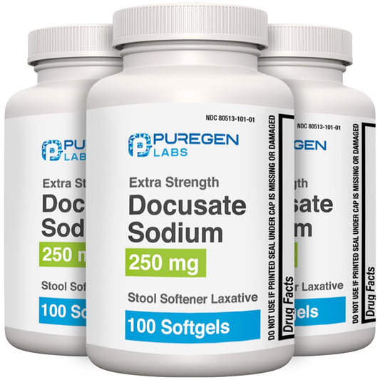 Puregen Labs Docusate Sodium softgels bottle shows a gentle relief option
