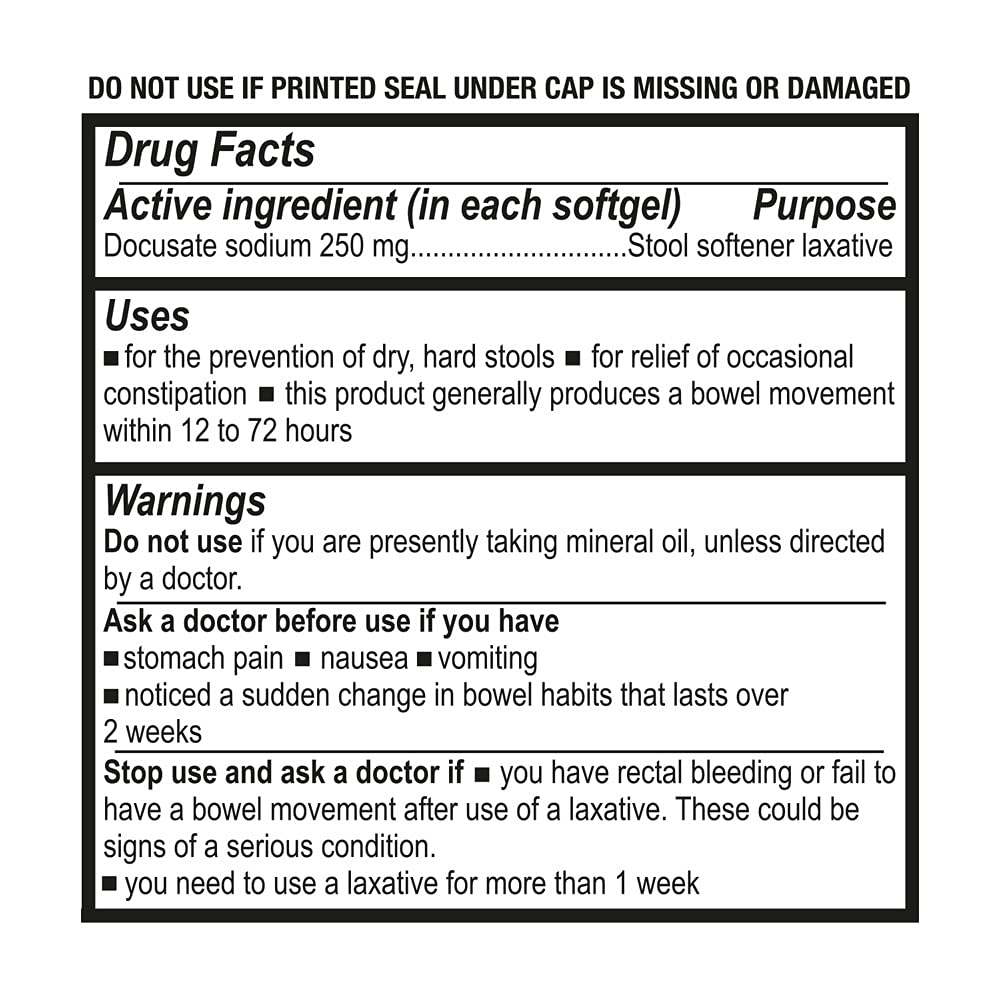 Puregen Labs Docusate Sodium softgels 250mg close-up highlights easy-to-swallow capsules