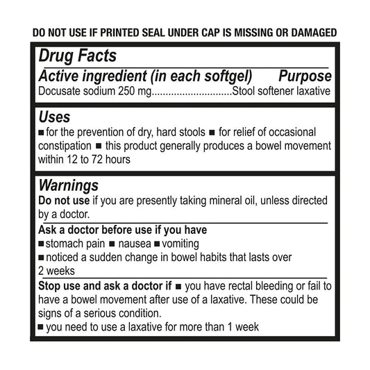Puregen Labs Docusate Sodium softgels 250mg close-up highlights easy-to-swallow capsules