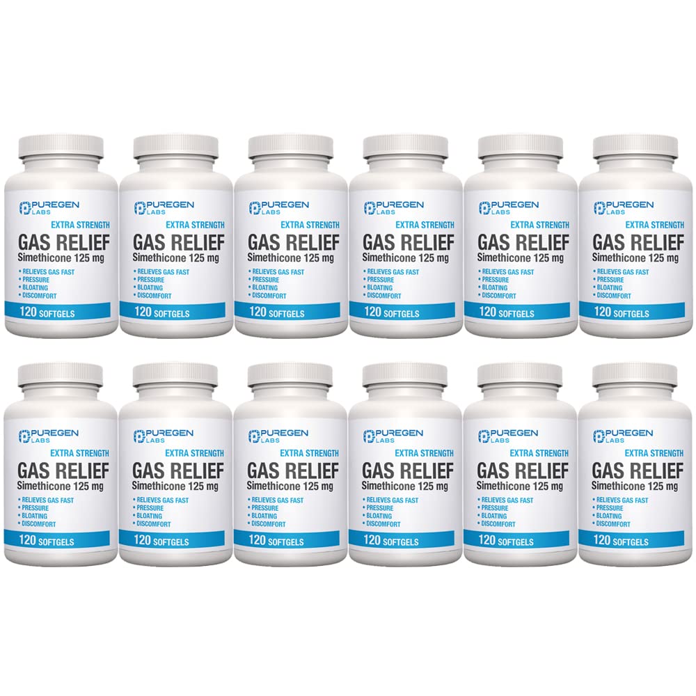 Puregen Labs gas relief softgel bottle with 125 mg simethicone for fast pressure relief.
