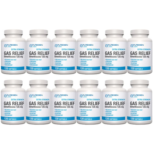 Puregen Labs gas relief softgel bottle with 125 mg simethicone for fast pressure relief.
