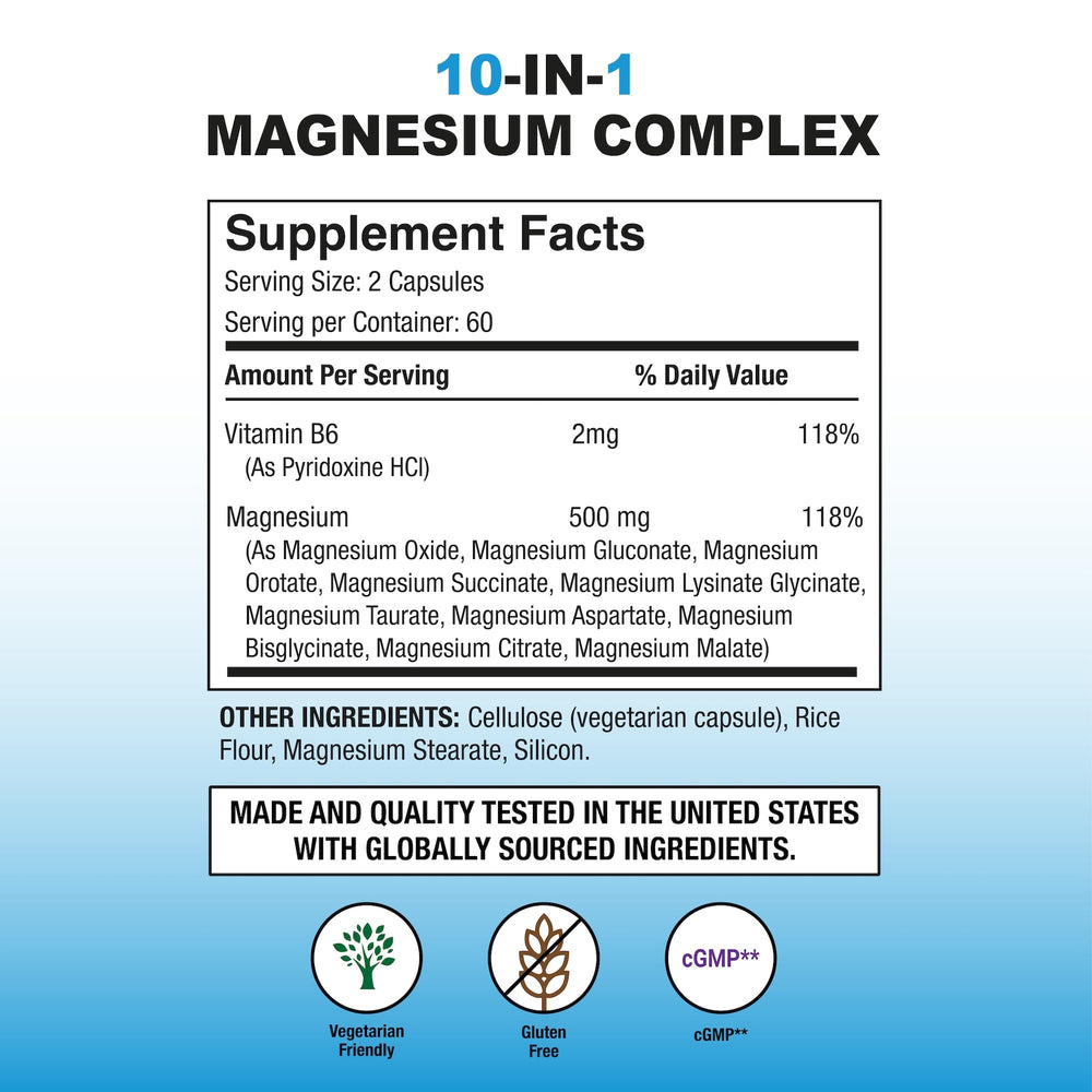 Closeup of Puregen Labs magnesium capsules highlighting 500 mg per serving.