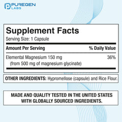 Puregen Labs Magnesium Glycinate 500mg bottle back label reveals allergen-free and non-GMO features.