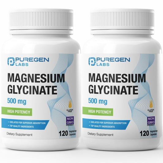 Puregen Labs Magnesium Glycinate 500mg bottle front view highlights high-potency formulation.