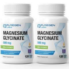 Puregen Labs Magnesium Glycinate 500mg bottle front view highlights high-potency formulation.