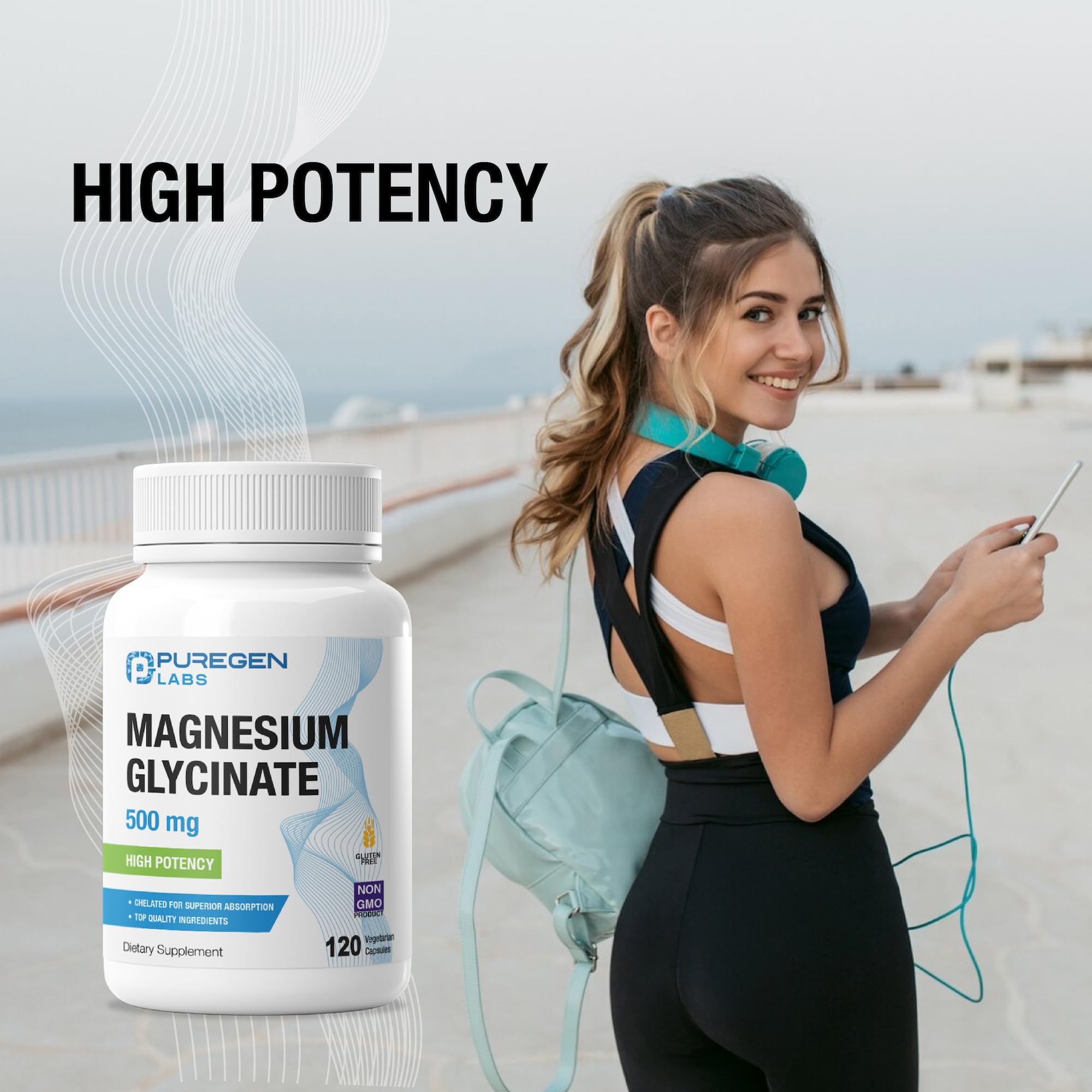 Puregen Labs Magnesium Glycinate 500mg in-use lifestyle image hints at calm, balanced days.