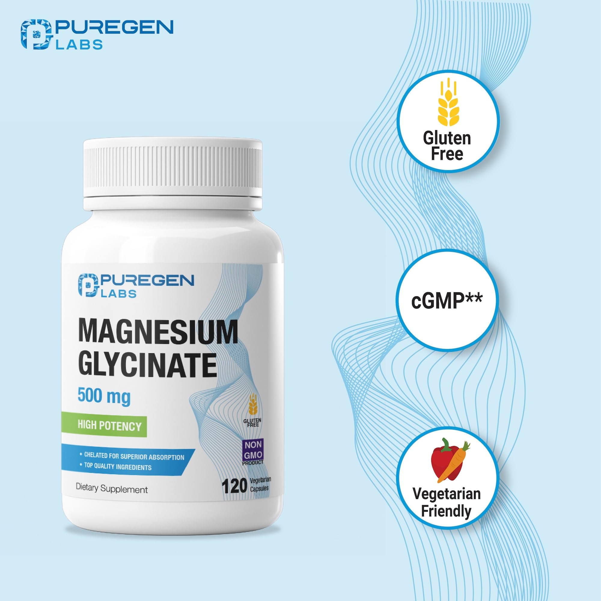 Puregen Labs Magnesium Glycinate 500mg packaging display communicates USA-made quality.