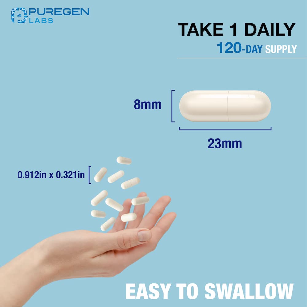 Puregen Labs Magnesium Glycinate 500mg veggie caps in hand suggest convenient daily use.