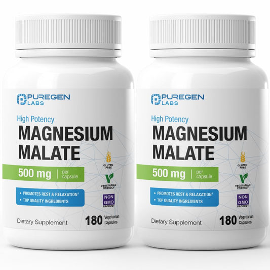 Puregen Labs Magnesium Malate 500mg bottle, high-potency daily support.