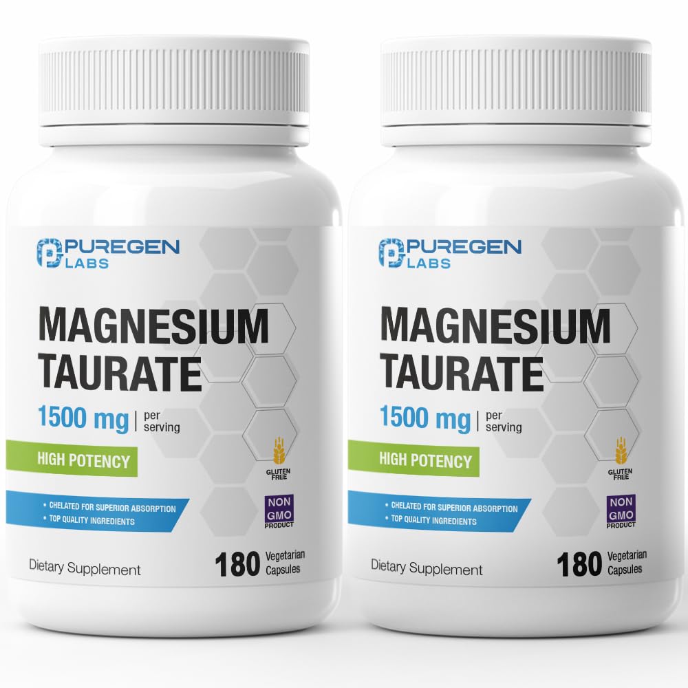 Puregen Labs Magnesium Taurate 1500mg bottle shows high potency for daily support.