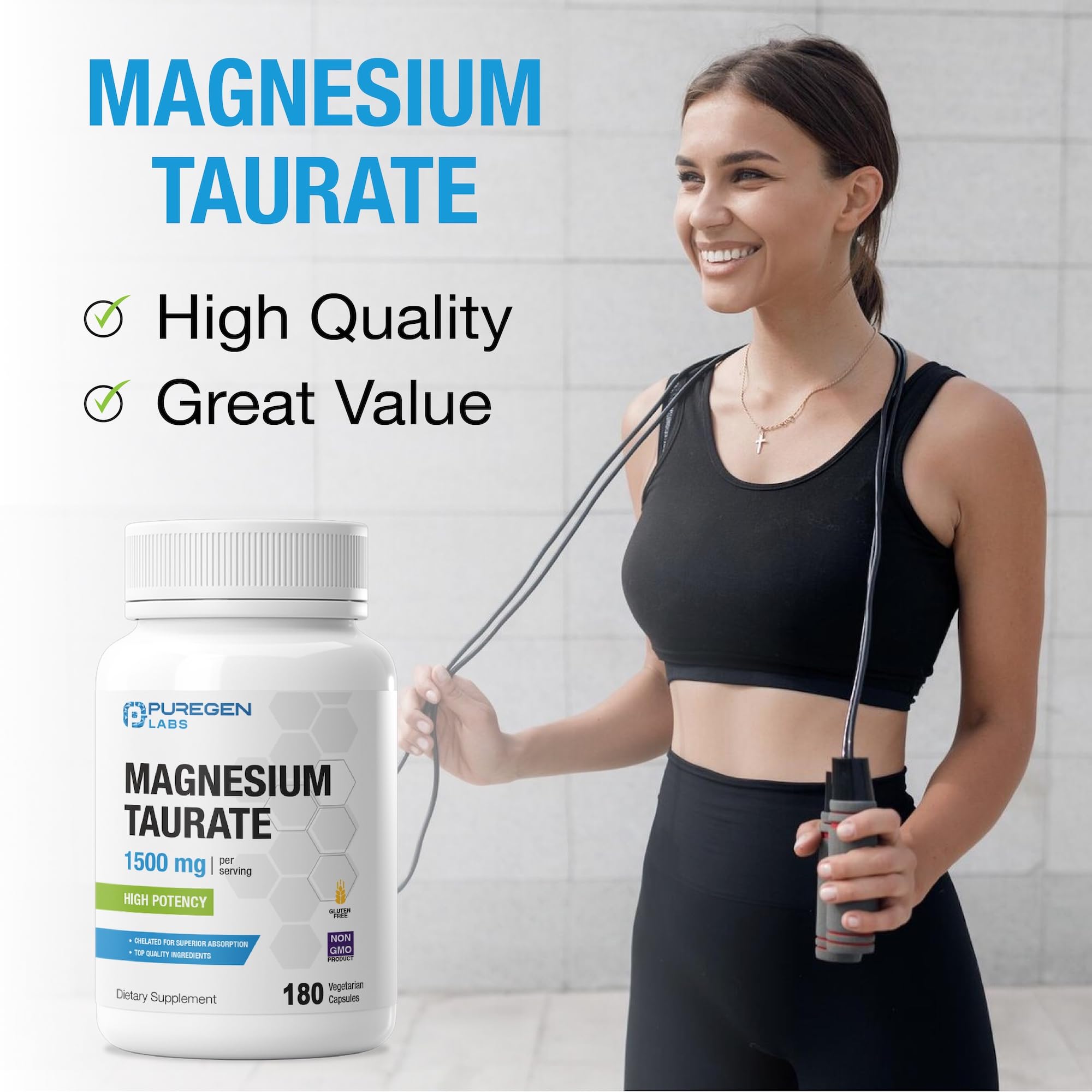 Ingredient list for Puregen Labs Magnesium Taurate 1500mg emphasizes gluten and dairy free formula.