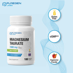 Dietary supplement packaging from Puregen Labs Magnesium Taurate 1500mg for daily routines.