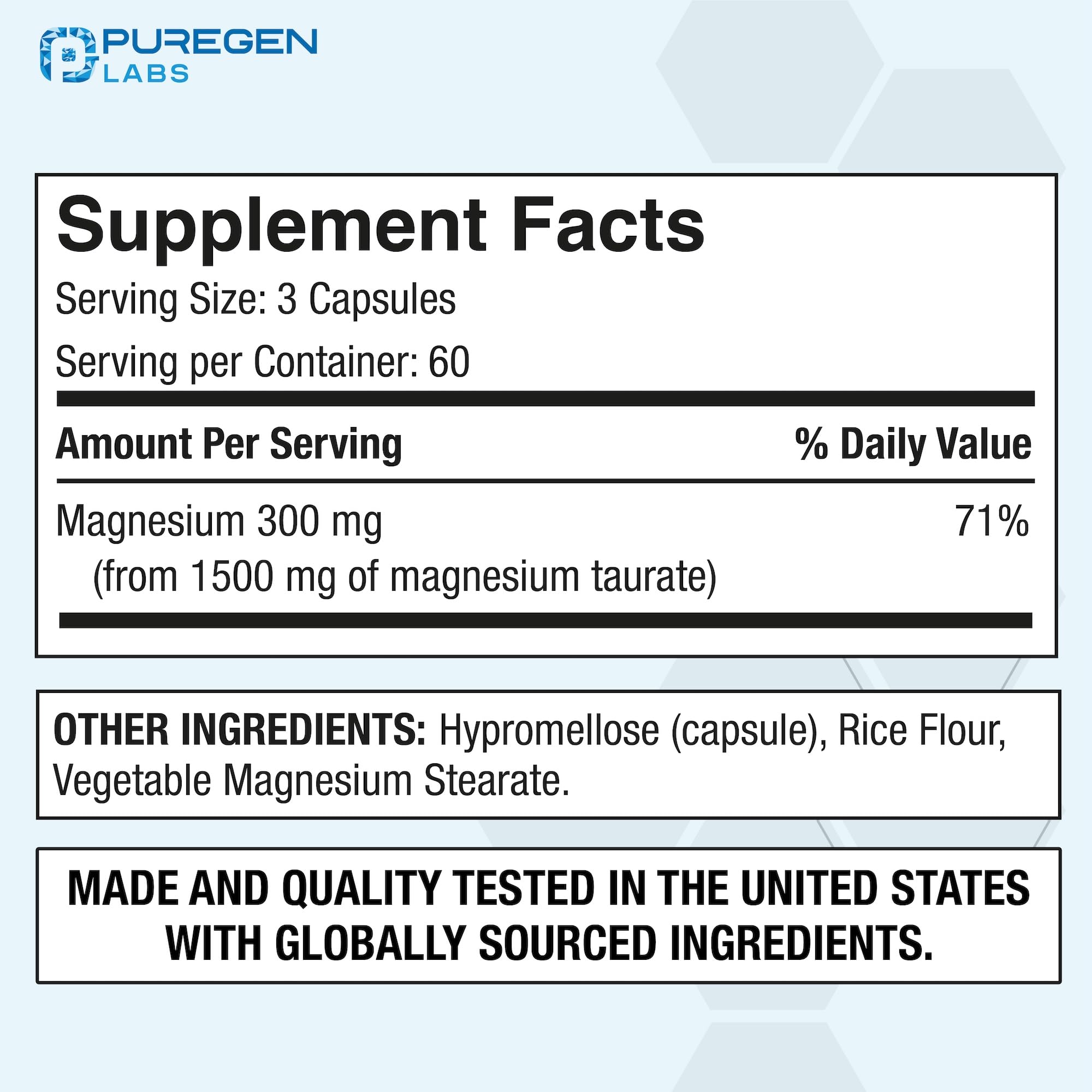 Closeup of Puregen Labs Magnesium Taurate 1500mg veggie caps highlighting absorption-friendly form.