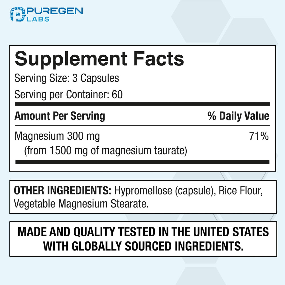 Closeup of Puregen Labs Magnesium Taurate 1500mg veggie caps highlighting absorption-friendly form.