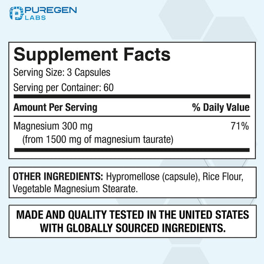 Closeup of Puregen Labs Magnesium Taurate 1500mg veggie caps highlighting absorption-friendly form.